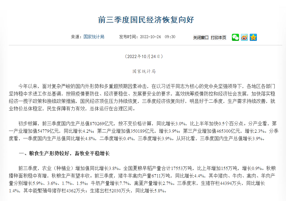 前三季度經(jīng)濟(jì)數(shù)據(jù)公布！糧食生產(chǎn)形勢較好，畜牧業(yè)平穩(wěn)增長